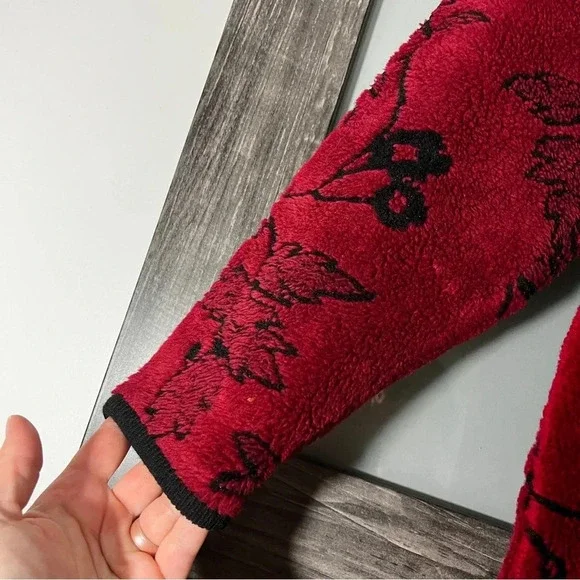 Vintage Tally-Ho Deep Red Floral Leaves Jacket Kimono Style Button Down Small - Picture 2 of 9